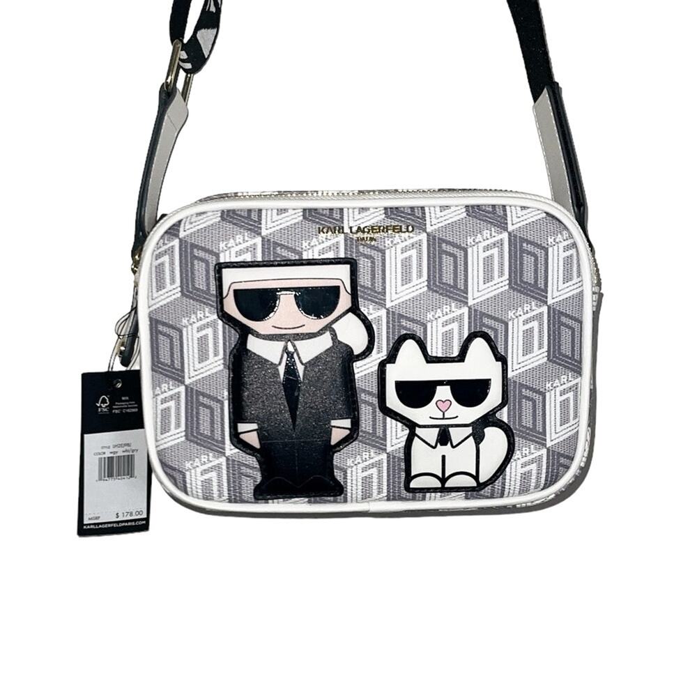 KARL LAGERFELD PARIS Maybelle Geometric Pattern Crossbody Purse White Gray - Picture 3 of 7